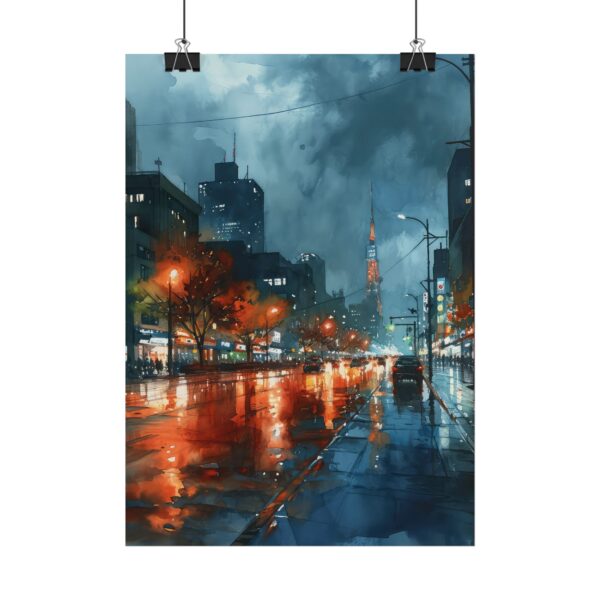 Großstadtstraße bei Nacht Aquarell Poster – Urbanes Flair für dein Zuhause