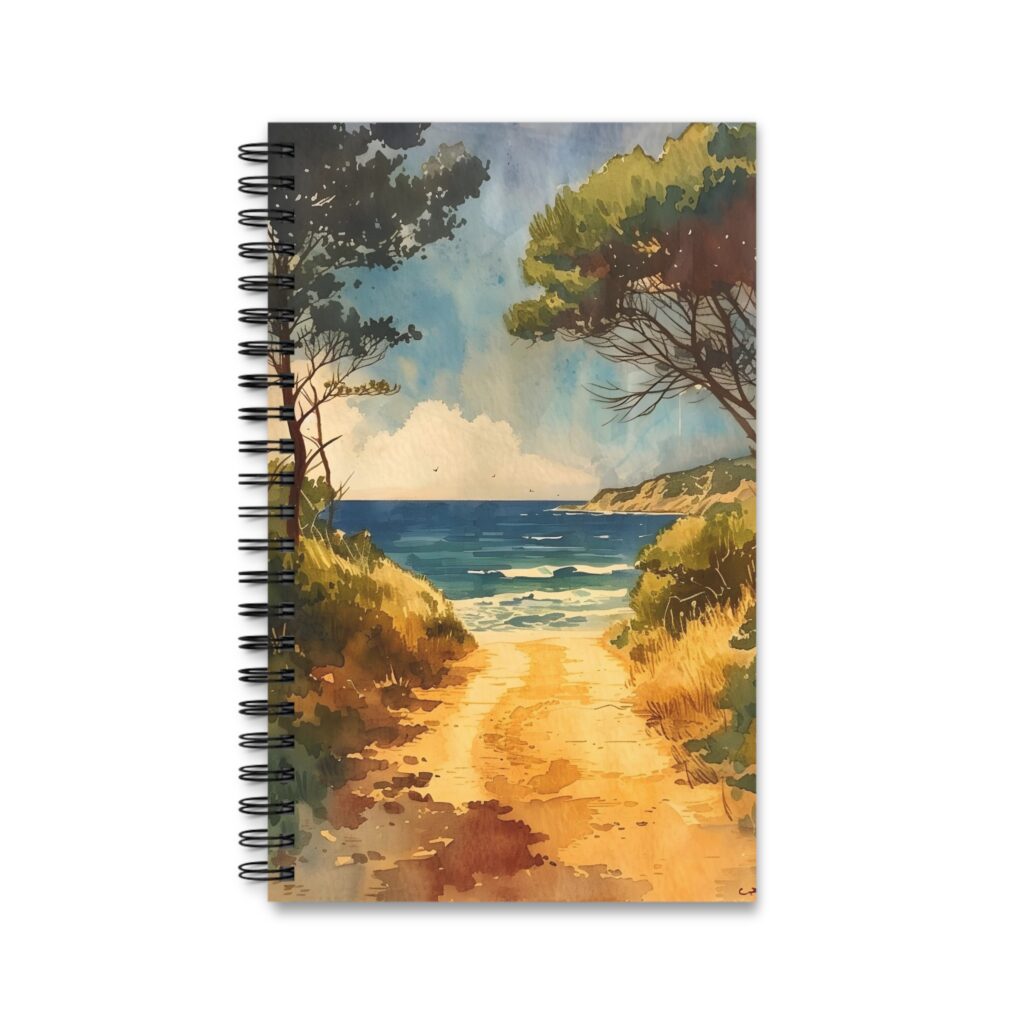 Maritimes Aquarell Notizbuch Strandweg am Meer &ndash; Blank, Linien, oder Punktraster