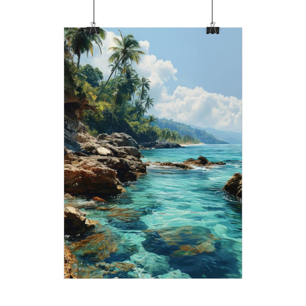 Tropenstrand Aquarell Poster - Paradiesische K&uuml;ste f&uuml;r dein Zuhause