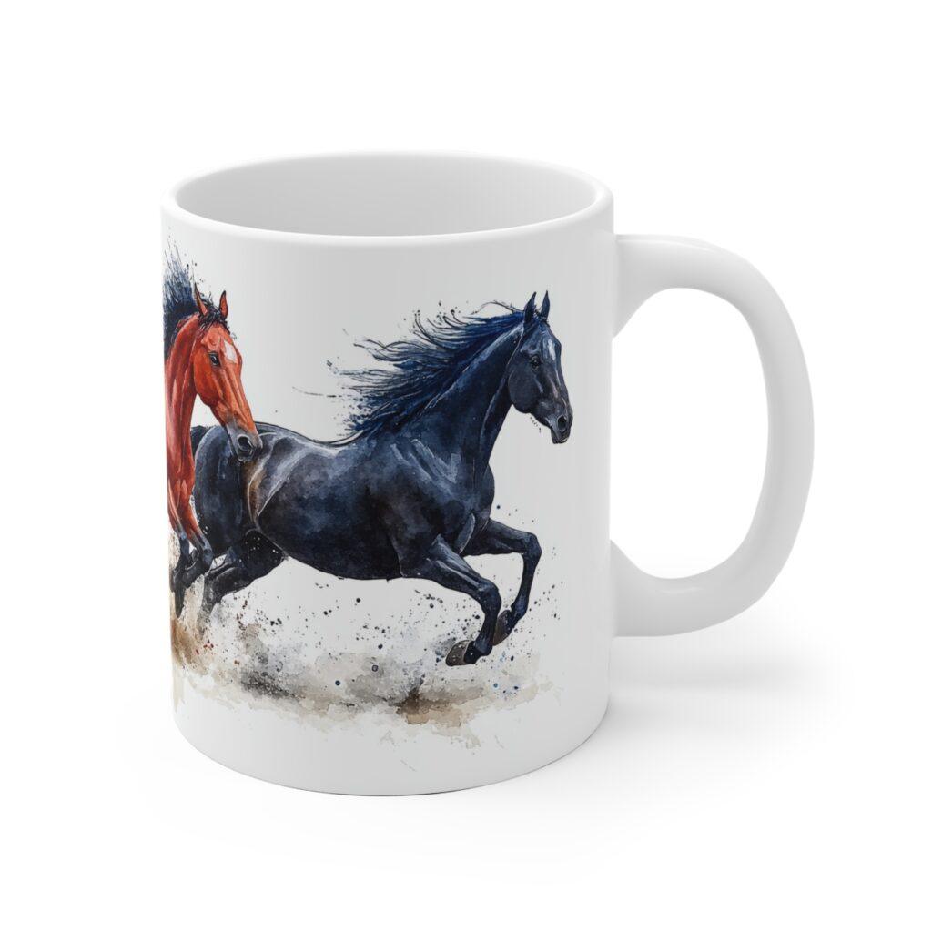 Wei&szlig;e Keramiktasse mit buntem Pferde-Aquarell Druck - Ideal f&uuml;r Kaffeeliebhaber und Pferdefreunde