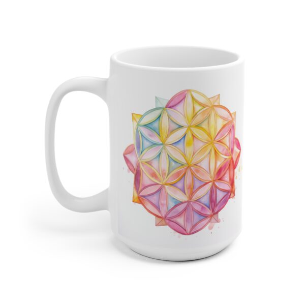 Weiße Aquarell Keramiktasse mit Lebensblume – Ideal für spirituelle Geschenke