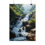 Idyllischer Wasserfall im Waldbach Poster – Sonnenlicht Reflektion, verschiedene Größen erhältlich