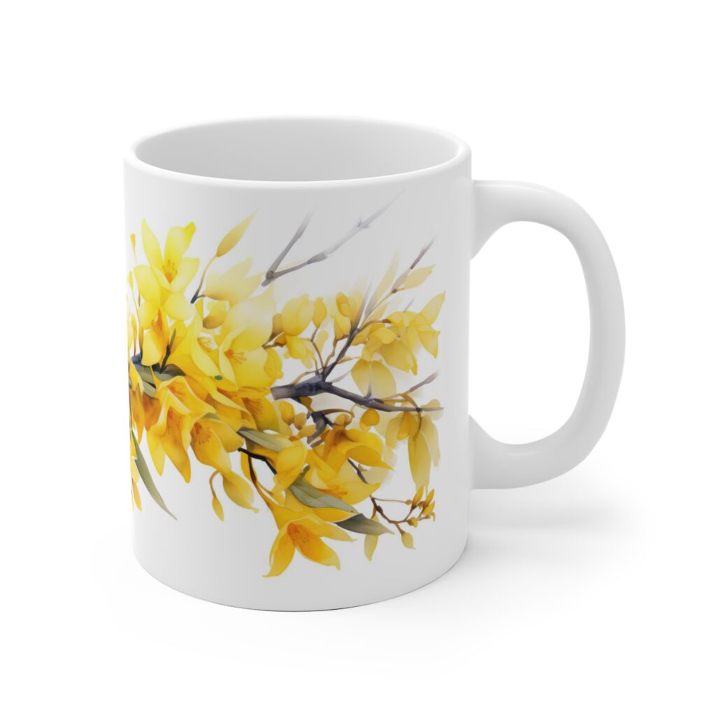 Wei&szlig;e Keramik Tasse mit Forsythien im Aquarell &ndash; Fr&uuml;hlingshafte Naturdeko