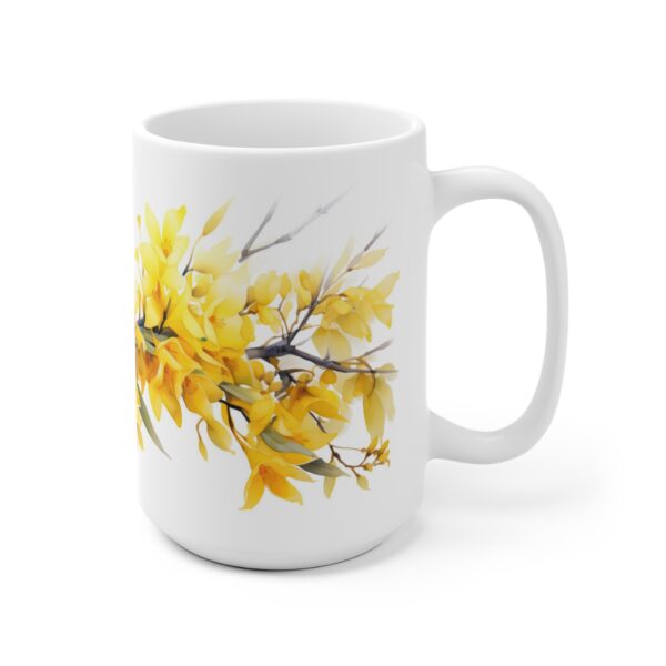 Weiße Keramik Tasse mit Forsythien im Aquarell – Frühlingshafte Naturdeko