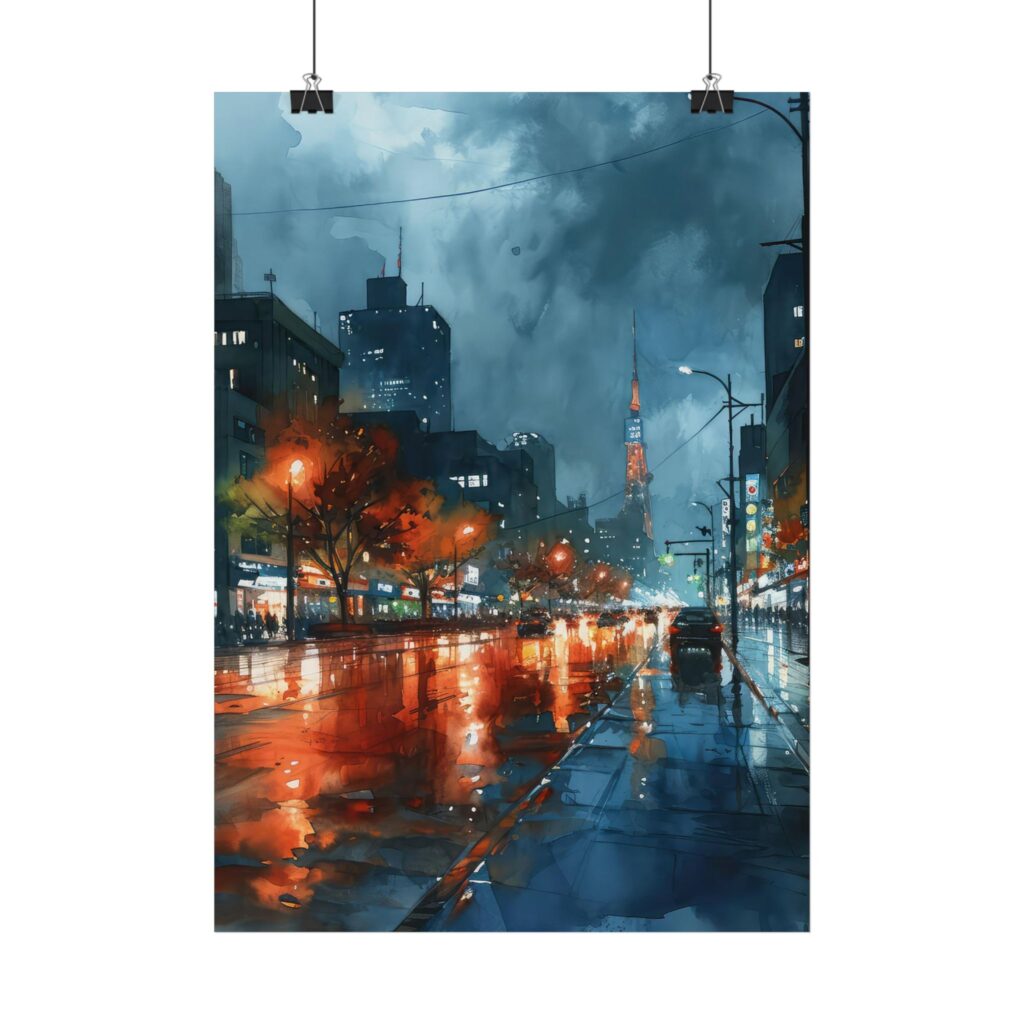 Gro&szlig;stadtstra&szlig;e bei Nacht Aquarell Poster &ndash; Urbanes Flair f&uuml;r dein Zuhause