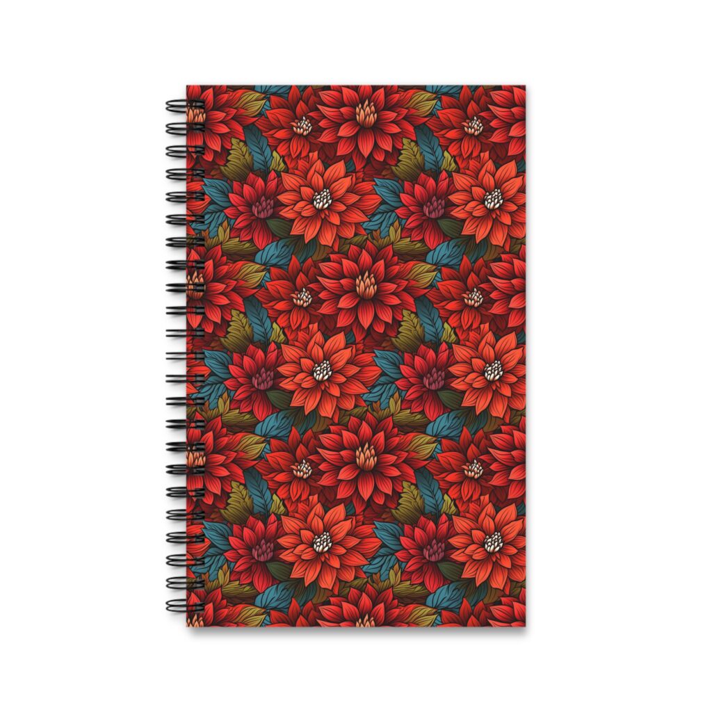 Das Aquarell Notizbuch zeigt ein farbenfrohes Blumenmuster in Rot, Orange und Blau mit Spiralbindung und detailreichen Bl&auml;ttern.