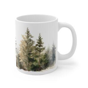 Bunte Aquarell Kaffeetasse mit Kieferwald-Motiv – Perfektes Geschenk für Naturliebhaber