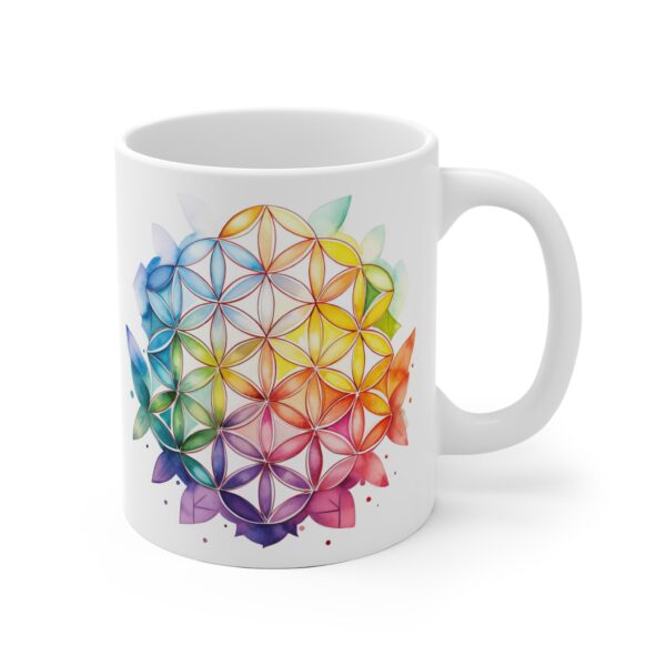 Weiße Keramik Tasse mit Aquarell Lebensblume - Ideal für spirituelle Geschenke