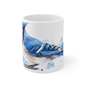 Aquarell Blauhäher Vogel Keramik Becher – Kaffeetasse in Weiß