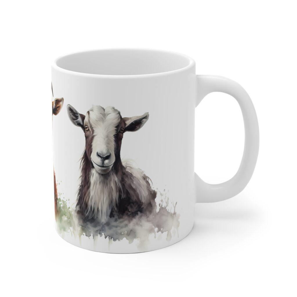 Wei&szlig;er Keramik Becher mit Ziegenmotiv - Aquarell Bauernhof Tasse f&uuml;r Tierliebhaber