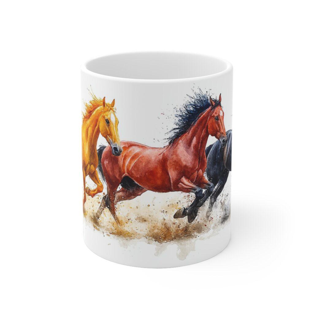 Wei&szlig;e Keramiktasse mit buntem Pferde-Aquarell Druck - Ideal f&uuml;r Kaffeeliebhaber und Pferdefreunde