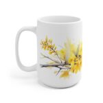 Weiße Keramik Tasse mit Forsythien im Aquarell – Frühlingshafte Naturdeko