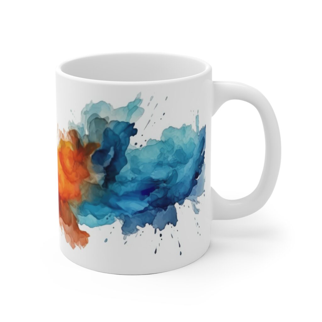 Die Kaffeetasse zeigt ein abstraktes Aquarellmotiv in Blau und Orange auf wei&szlig;er Keramik und setzt den modernen Kunststil von Shotspace lebendig um.