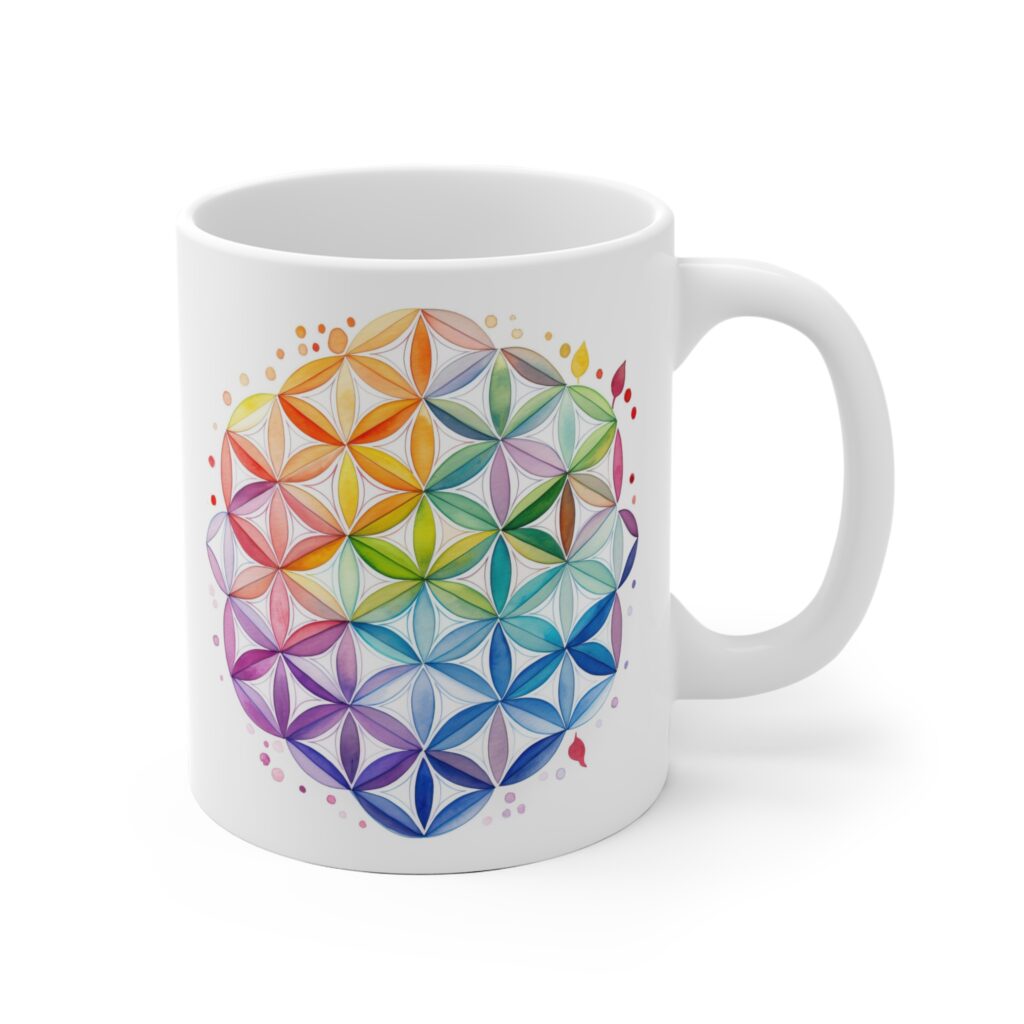 Wei&szlig;e Keramiktasse mit Aquarell Lebensblume - Ideales Geschenk f&uuml;r Spirituelle und Achtsame