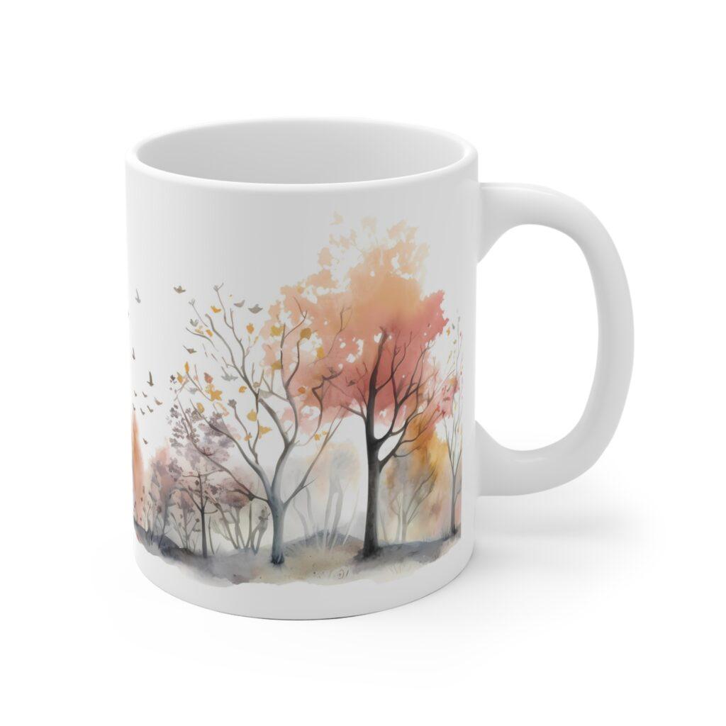 Aquarell-Kaffeetasse mit Laubb&auml;umen im Herbst &ndash; Perfektes Geschenk f&uuml;r Natur-Liebhaber