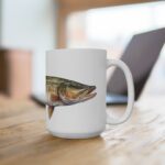 Aquarell Hechtmotiv auf weißen Keramiktassen – stilvolle Kaffeetassen für Fischliebhaber