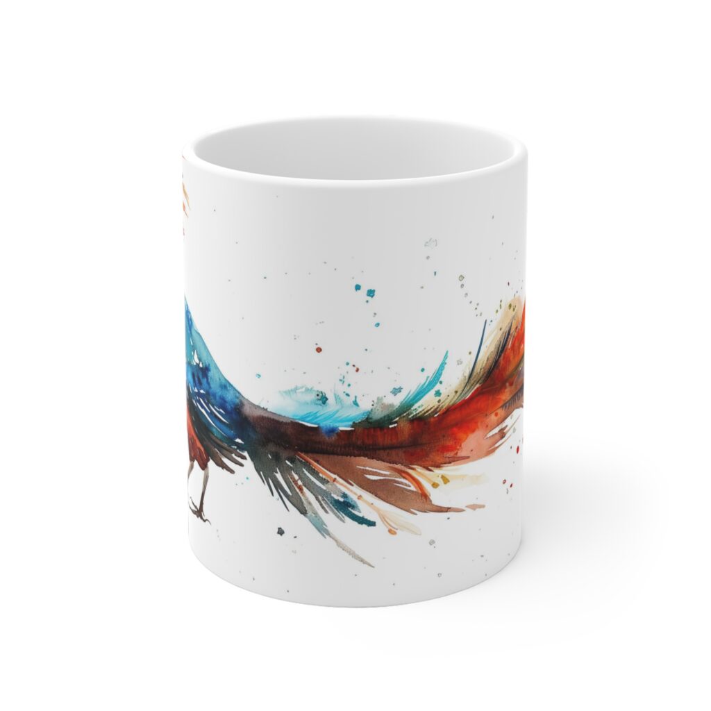 Wei&szlig;er Keramikbecher mit Lyrebird Aquarellmotiv - Ideal f&uuml;r Kaffeeliebhaber