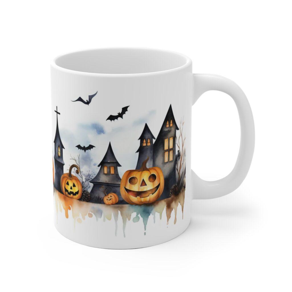 Helloween-Zauber: Wei&szlig;e Aquarell-Keramiktasse f&uuml;r festliche Stimmung
