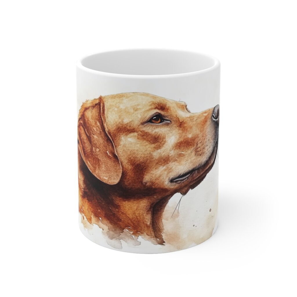 Auf der wei&szlig;en Keramiktasse ist ein detailreiches Labrador-Aquarell im warmen Braunton zu sehen, das Hundeliebe und Kunst verbindet.