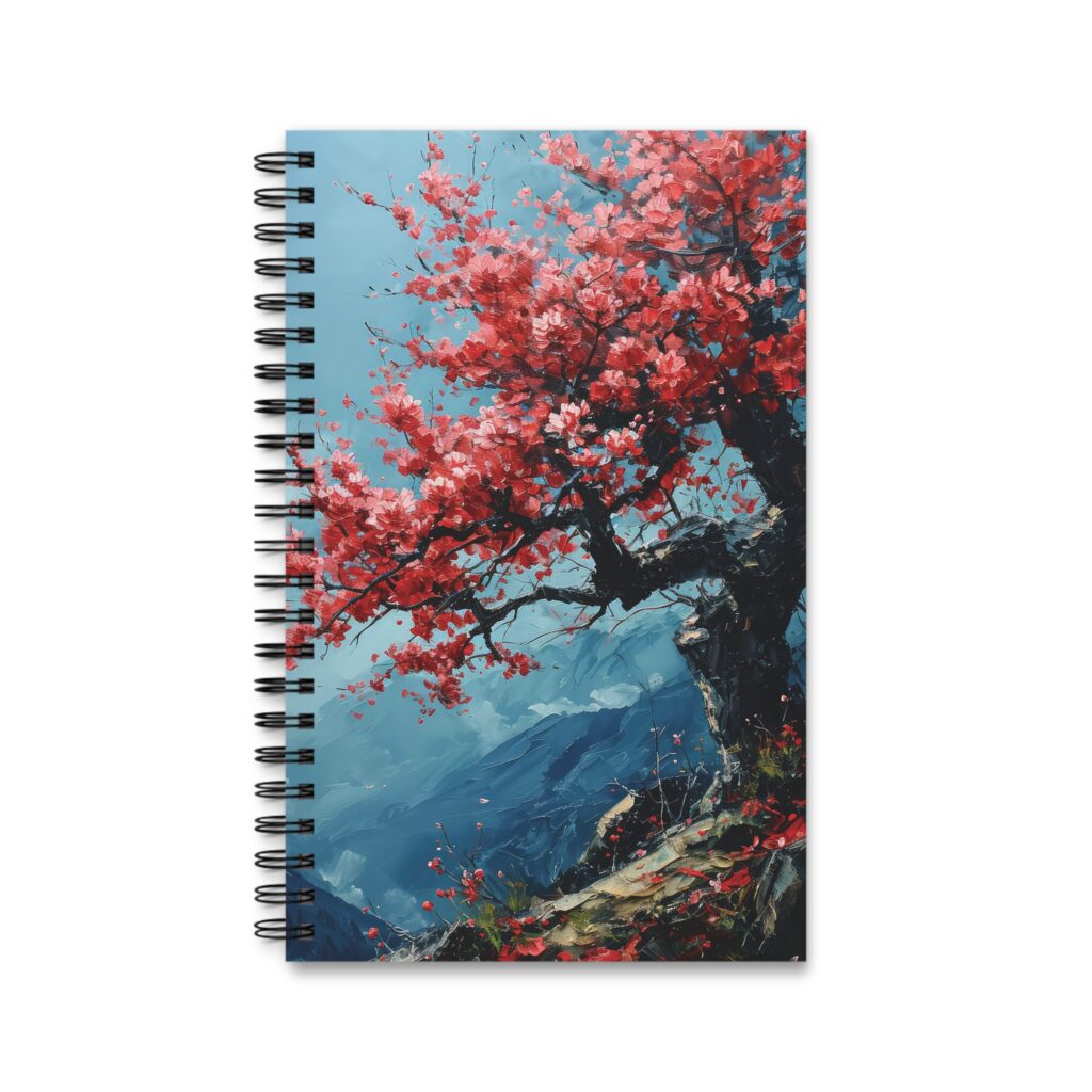 Ein Kirschbaum-Aquarell Notizbuch mit Ringbindung zeigt kr&auml;ftige rote Bl&uuml;ten vor blauem Himmel und greift das kreative Shotspace-Design auf dem Cover auf.