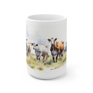 Weiße Keramiktasse mit Rindern und Kühen im Aquarell Stil – Ländliche Tiermotive für Tierliebhaber