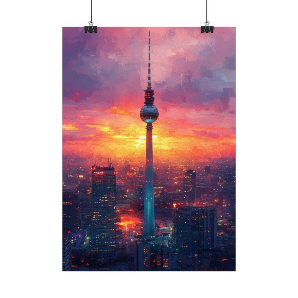 Berliner Fernsehturm im Sonnenuntergang - Aquarell Kunstposter in verschiedenen Gr&ouml;&szlig;en