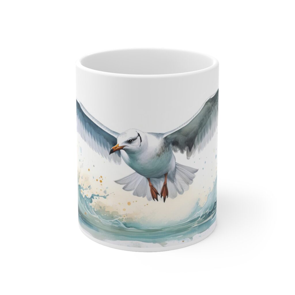 Fliegende M&ouml;we Aquarell Tasse - Becher f&uuml;r Meer- und Vogelliebhaber
