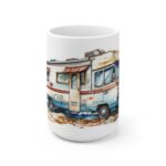 Camping Tasse im Aquarell-Stil – Weiße Keramiktasse für Wohnmobil Liebhaber