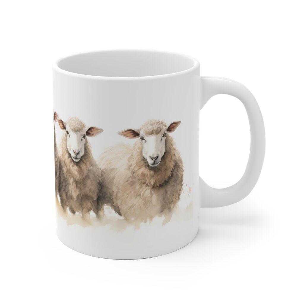 Wei&szlig;e Keramiktasse mit Aquarell Schafherde &ndash; Idyllische Tiermotivation f&uuml;r jeden Tag