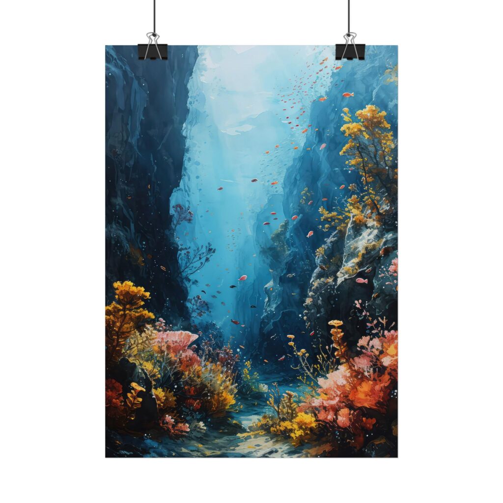 Das Aquarell Poster Unterwasserwelt zeigt eine farbenfrohe Meereslandschaft mit Fischen, Korallen und tiefblauem Wasser in sanften T&ouml;nen.