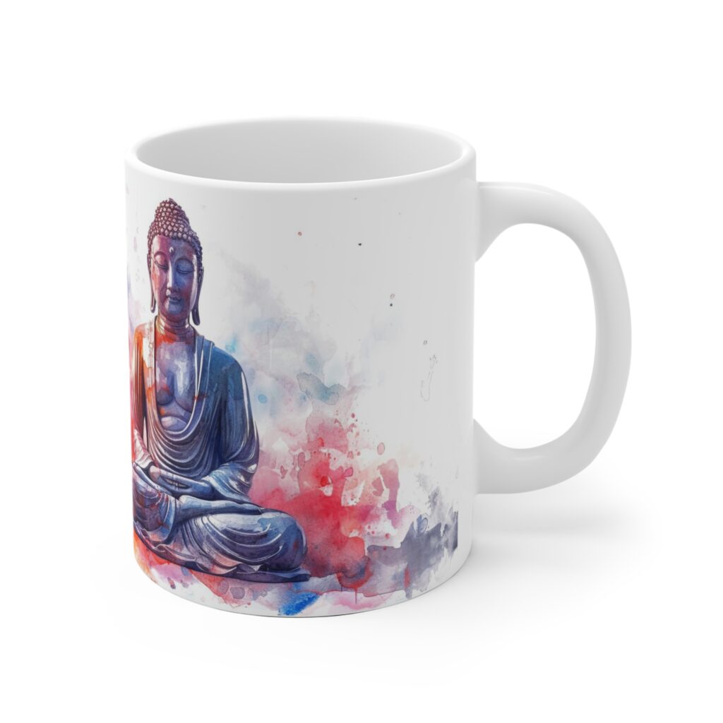 Wei&szlig;e Keramiktasse mit sitzendem Buddha im blauen Aquarell-Design und farbigen Spritzern f&uuml;r ruhige Momente