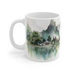 Aquarell Tasse mit Berg- und Seelandschaft - Perfektes Geschenk für Kaffeeliebhaber