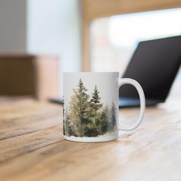 Bunte Aquarell Kaffeetasse mit Kieferwald-Motiv – Perfektes Geschenk für Naturliebhaber