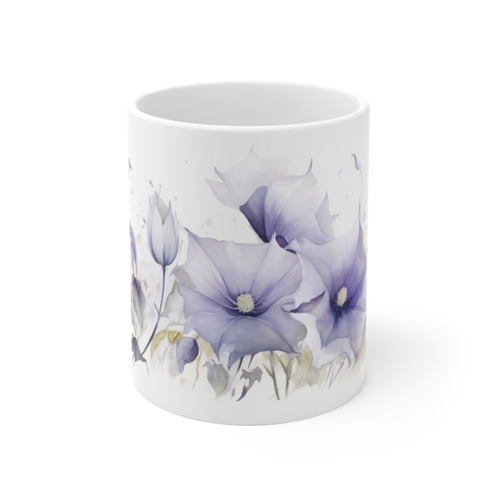 Wei&szlig;e Keramik Tasse mit Mondblumen - Aquarell Blumen Design f&uuml;r Liebhaber von floralen Motiven