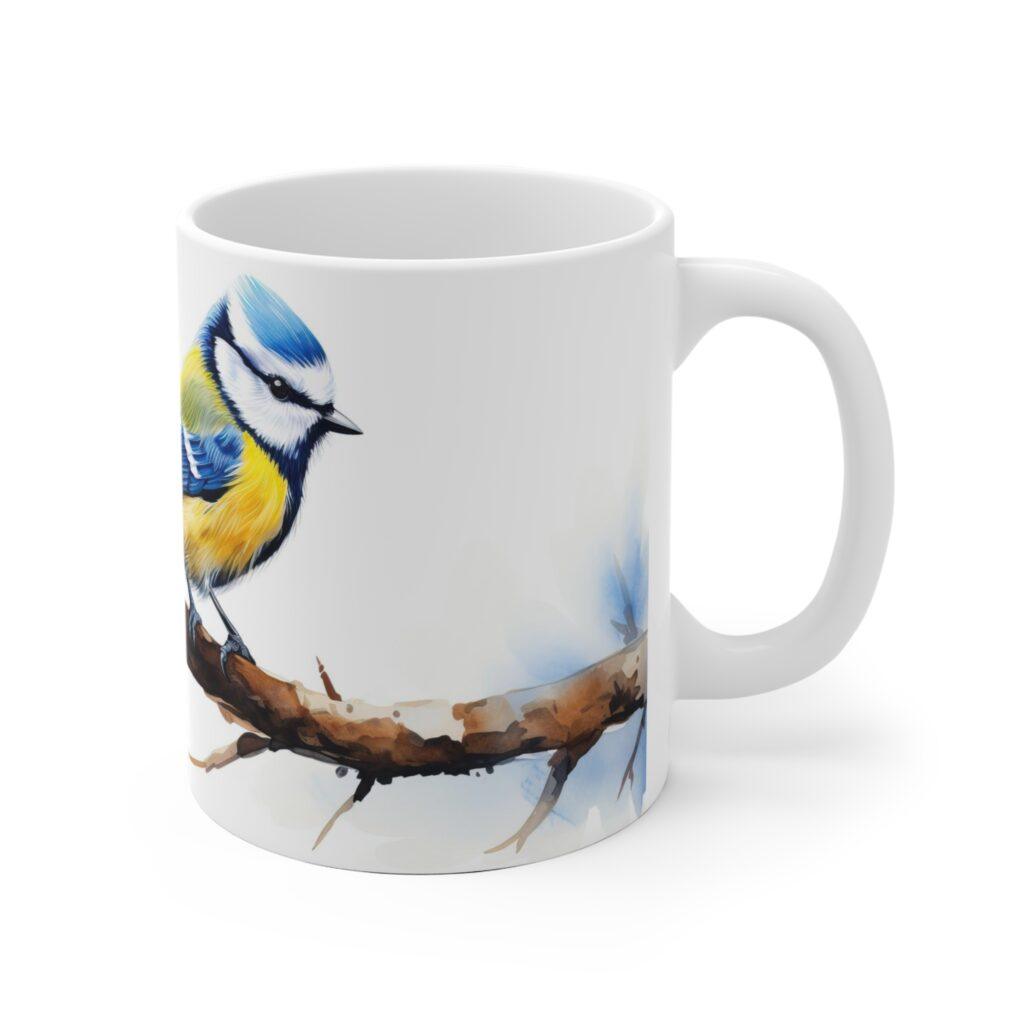 Blaumeise Aquarell Tasse - Stylischer Vogel Design Becher f&uuml;r Vogelbeobachter und Naturfreunde