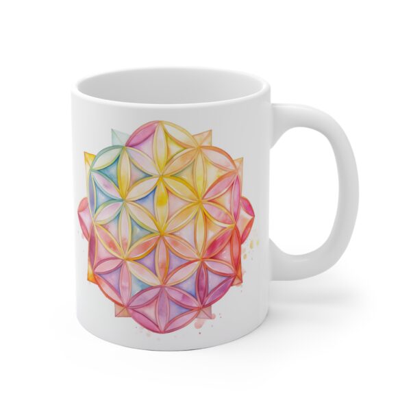 Weiße Aquarell Keramiktasse mit Lebensblume – Ideal für spirituelle Geschenke