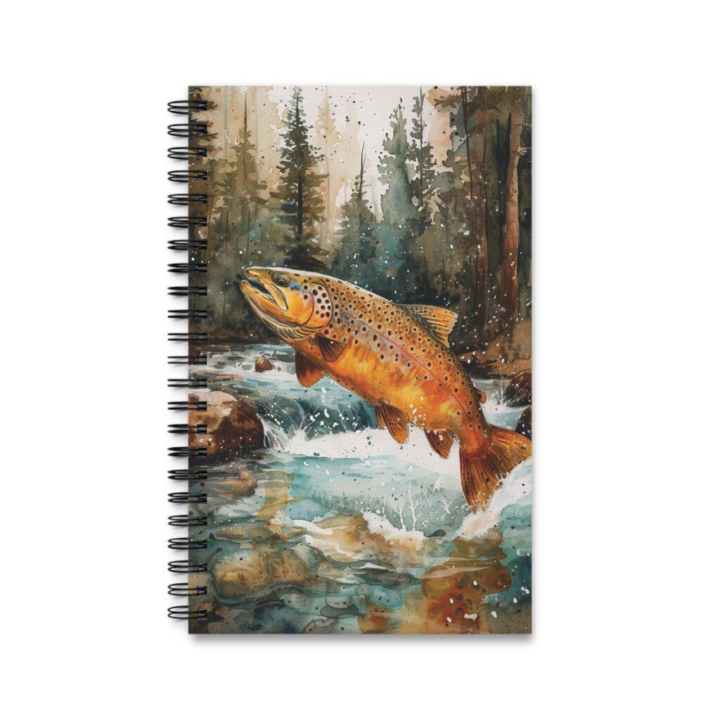 Aquarell Notizbuch mit springender Forelle &ndash; Blanko, liniertes und gepunktetes Papier