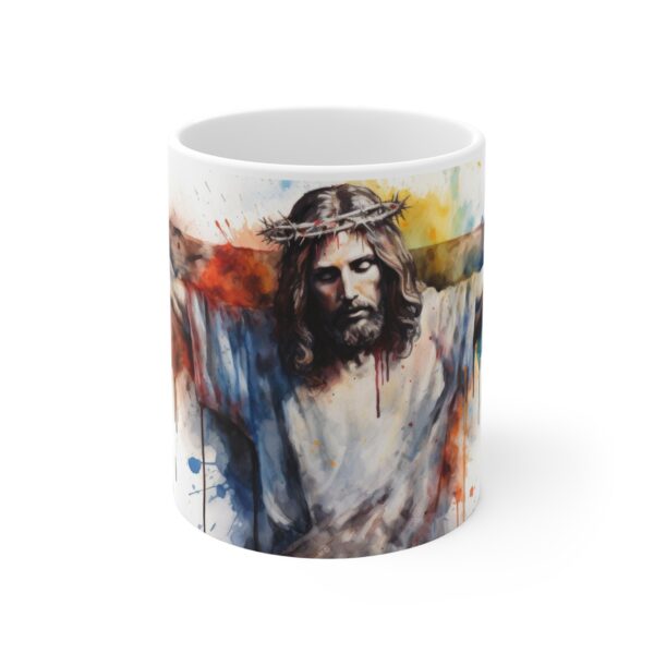 Jesus am Kreuz Tasse - Spirituelle Aquarell Keramiktasse für Christliche Andacht und Inspiration