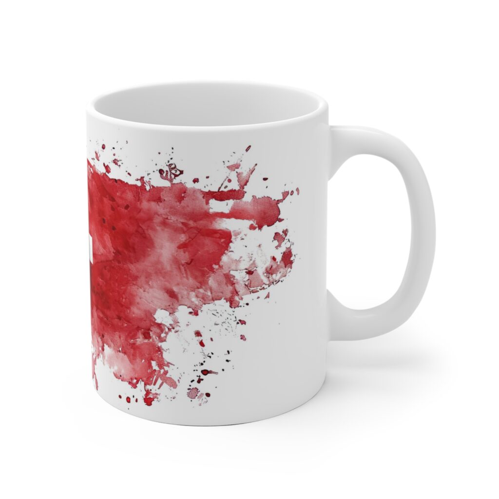 Die rote und wei&szlig;e Aquarelloptik zeigt das Schweizer Kreuz als abstraktes Motiv auf einer Keramiktasse f&uuml;r Kaffee, Tee oder Kakao.