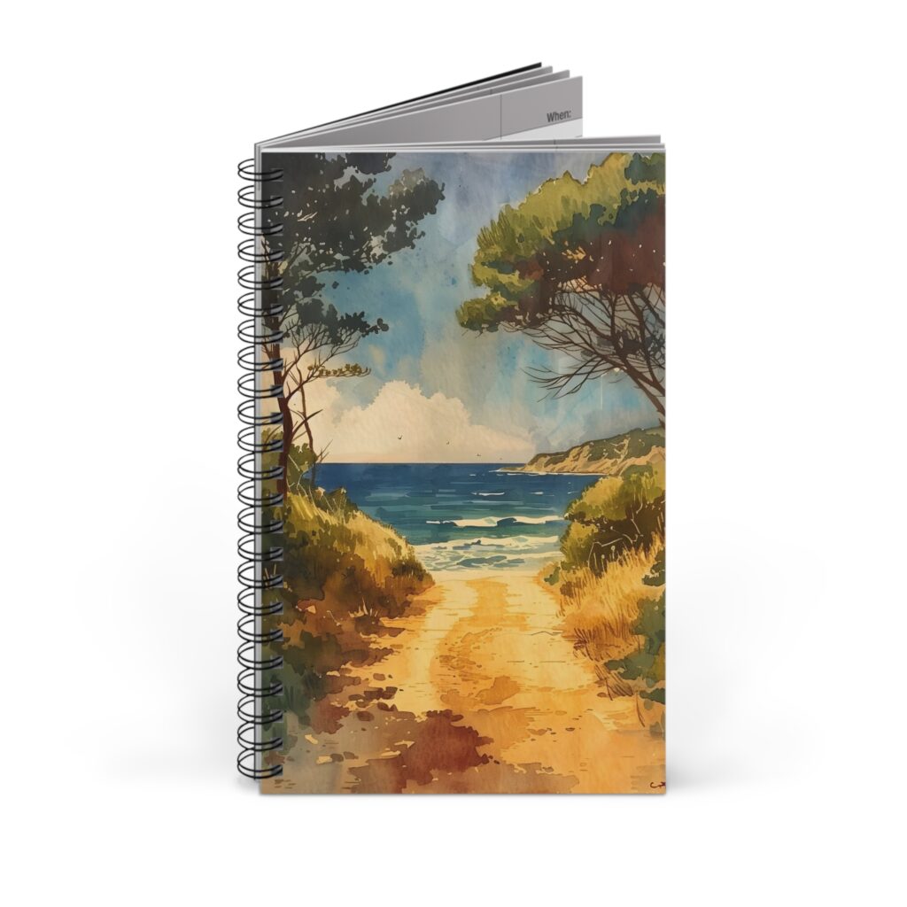 Maritimes Aquarell Notizbuch Strandweg am Meer &ndash; Blank, Linien, oder Punktraster
