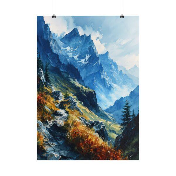 Majestätische Berglandschaft Aquarell Poster – Kunst für Bergliebhaber in verschiedenen Größen