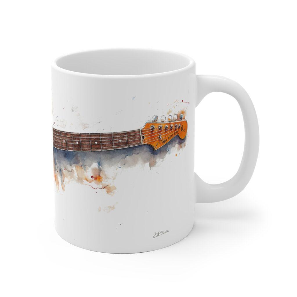 Keramiktasse mit Stratocaster Gitarre Aquarell Design &ndash; Perfekt f&uuml;r Musikliebhaber