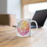 Weiße Aquarell Keramiktasse mit Lebensblume – Ideal für spirituelle Geschenke