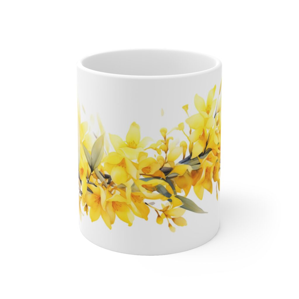 Wei&szlig;e Keramik Tasse mit Forsythien im Aquarell &ndash; Fr&uuml;hlingshafte Naturdeko