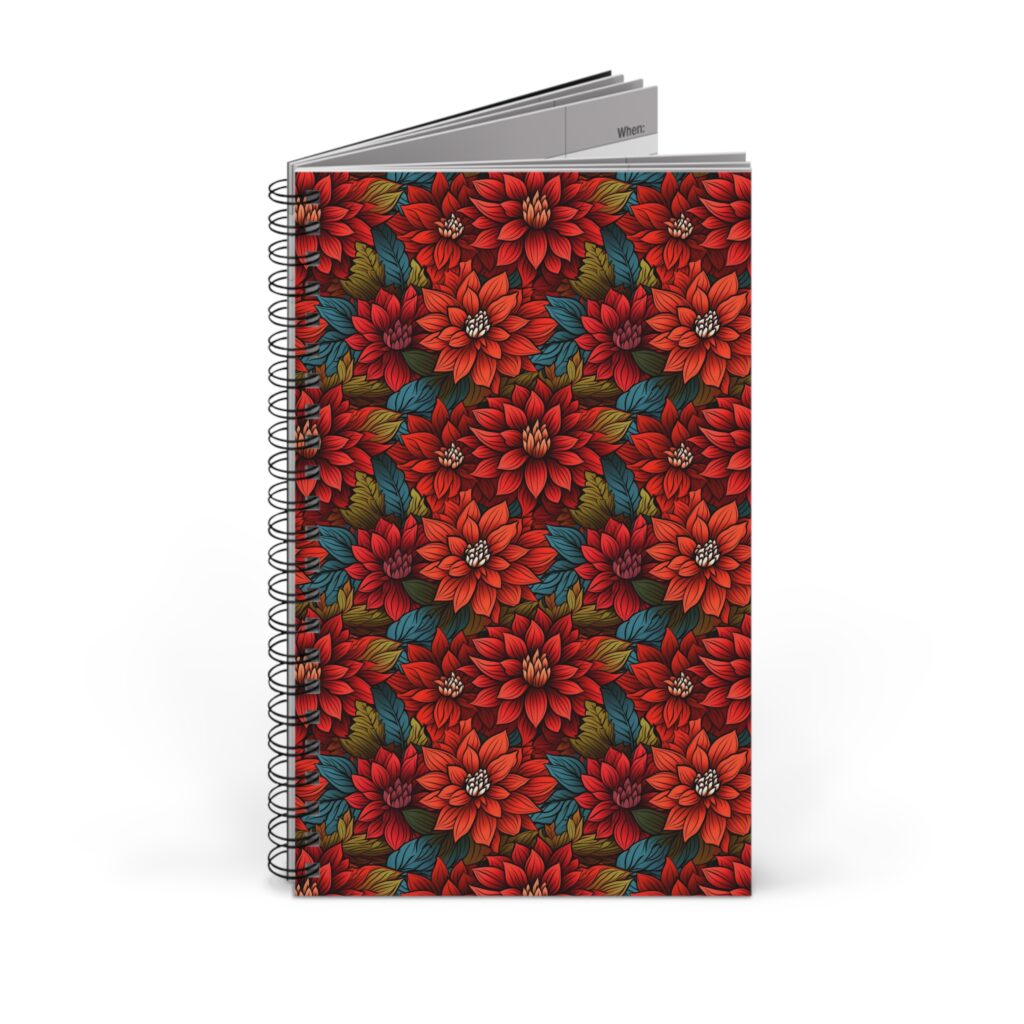 Das farbenfrohe Aquarell Notizbuch mit Blumenmuster zeigt ein rotes florales Cover und bietet Blanko-, linierte und punktierte Seiten.