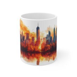 Cyberpunk Kaffeetasse mit Aquarell Stadtmotiv – Futuristisches Design für Sci-Fi Enthusiasten