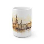 Bedruckte Kaffeetasse mit Aquarell Skyline von Dresden als ideales Geschenk