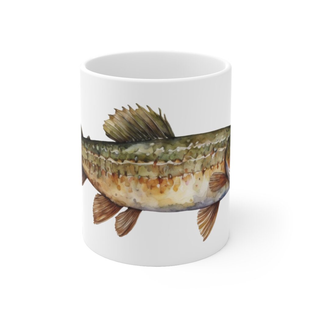 Aquarell Hechtmotiv auf wei&szlig;en Keramiktassen &ndash; stilvolle Kaffeetassen f&uuml;r Fischliebhaber