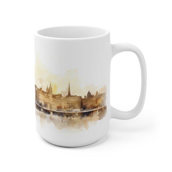 Bedruckte Kaffeetasse mit Aquarell Skyline von Dresden als ideales Geschenk