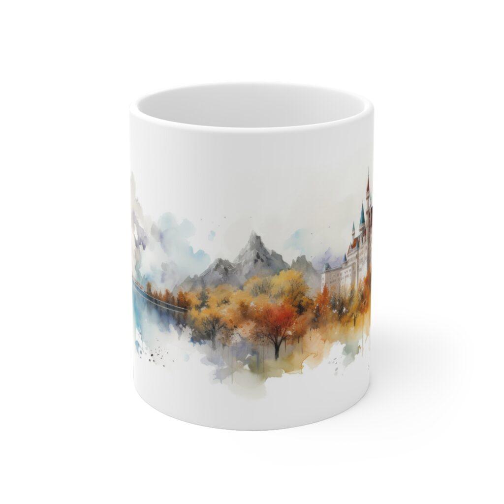 Aquarell Tasse Neuschwanstein Motiv &ndash; Perfektes Geschenk f&uuml;r Reisefreunde und Entdecker in Bayern